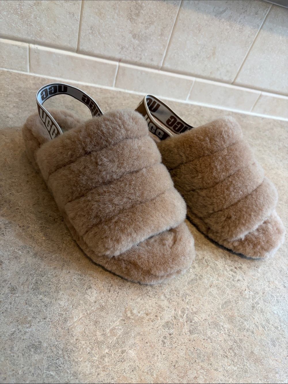 UGG Tan Fluff Slide Backstrap Slippers